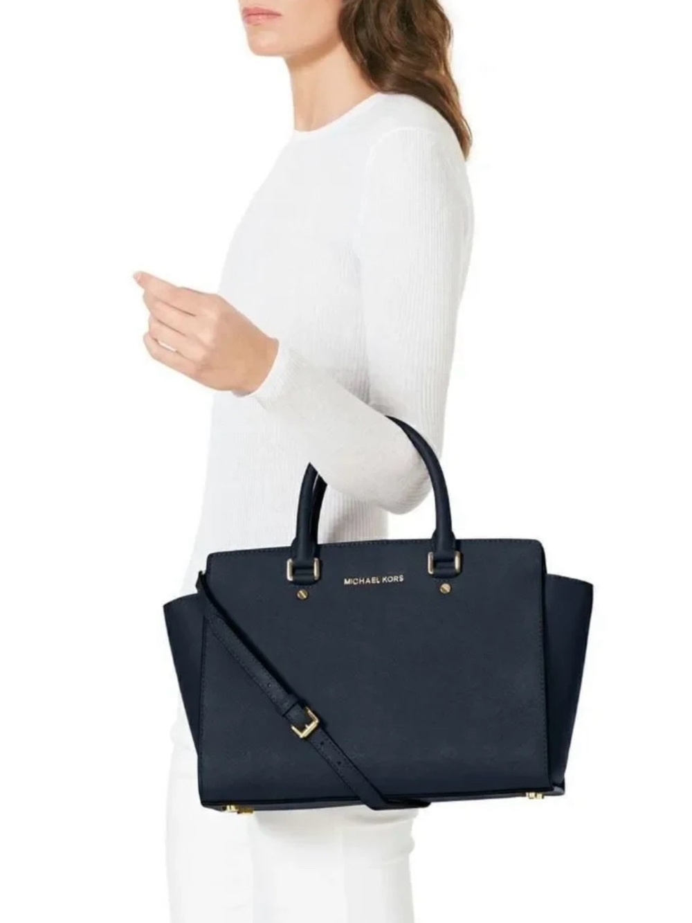 Michael Kors Navy Saffiano Satchel with Gold Hardware